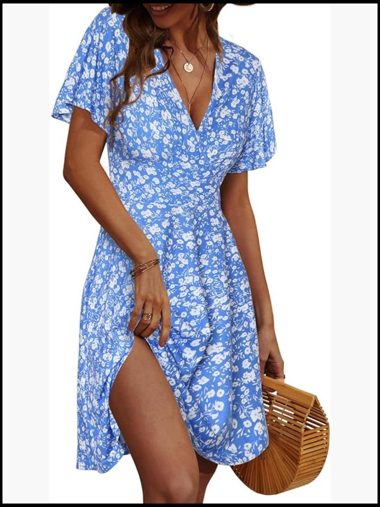 Floral Wrap Sundress With Ruffle Sleeves, Polyester Spandex Fabric